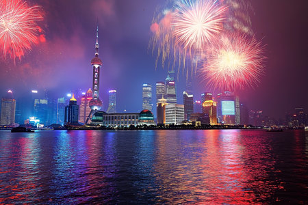 Shanghai skyline with fireworks and Huangpu River, Shanghai, Chinaの素材