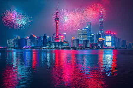 Shanghai skyline with fireworks over Huangpu river,China.の素材