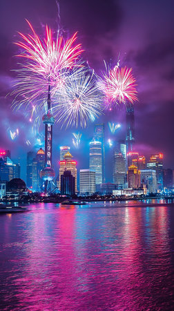 Shanghai skyline with fireworks at night, China. Shanghai is the capital of China.の素材