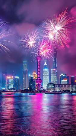 Shanghai skyline with fireworks over Huangpu River,China.の素材