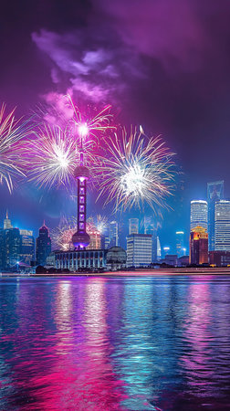 New year's eve fireworks over the cityscape of Shanghai, Chinaの素材