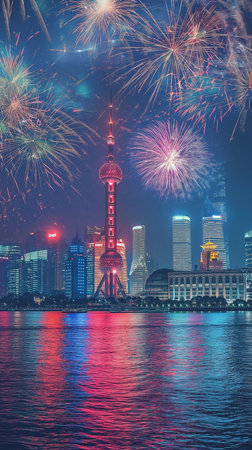 Shanghai skyline with fireworks at night, China. Shanghai is the capital of China.の素材