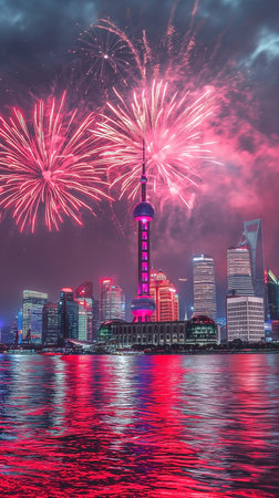 Shanghai skyline with fireworks at night, China. Shanghai is the most populous city in the world.の素材