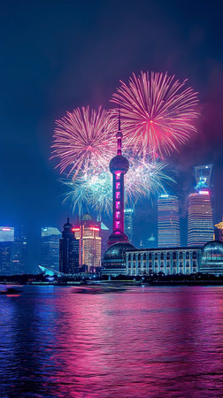 Shanghai skyline with fireworks at night, China. Shanghai is the capital of China.の素材