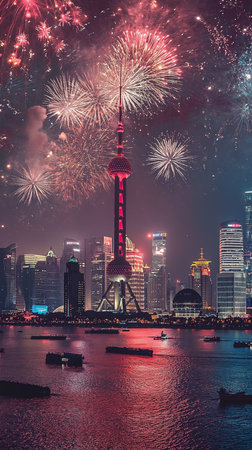 Shanghai skyline with beautiful firework at night,China.の素材