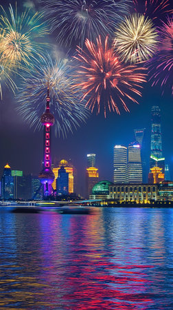 Shanghai skyline with Huangpu river and fireworks, China.の素材