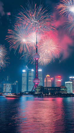 Shanghai skyline and Shanghai Tower with fireworks at night, Chinaの素材
