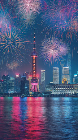 Shanghai skyline with fireworks at night, China. Shanghai is the capital of China.の素材
