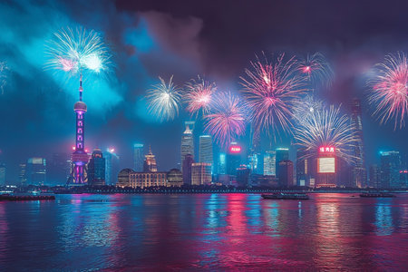 Shanghai skyline at night with fireworks over Huangpu river,China.の素材