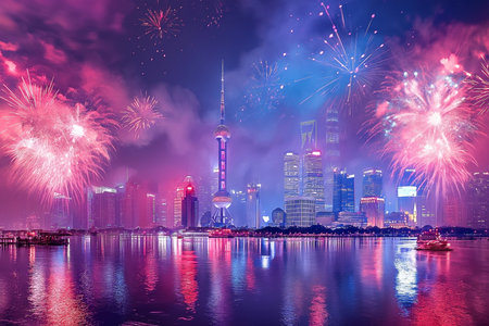 Shanghai skyline with fireworks over Huangpu River, Shanghai, Chinaの素材