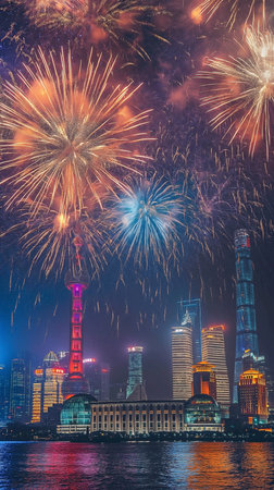 Shanghai skyline with fireworks at night, China. Shanghai is the capital of China.の素材