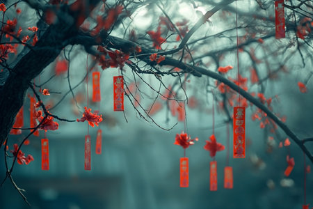 Chinese New Year background with red paper lanterns hanging on tree branchesの素材