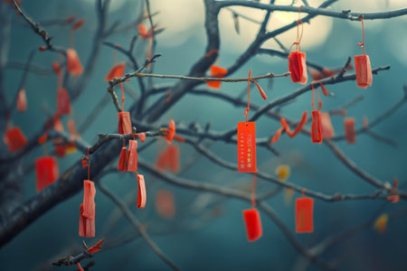 Red paper lanterns hanging on the tree in Chinese New Year festivalの素材