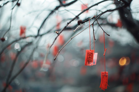 Chinese New Year lanterns hanging on a tree branch in winter.の素材