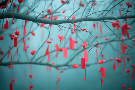 Red paper hearts hanging on a tree branch. Valentine's day concept.の素材