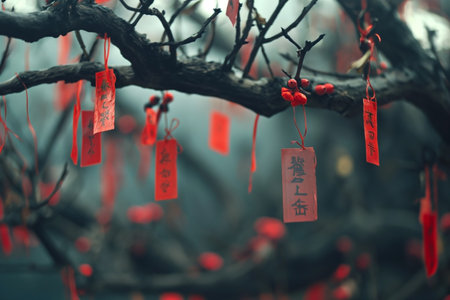 Chinese zodiac sign on a tree branch with red paper tags.の素材