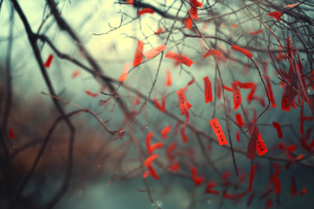 Vintage toned image of red ribbons hanging on a tree branch.の素材