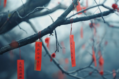 Chinese New Year decoration hanging on a tree in a park, closeup of photoの素材