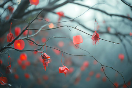 Red paper lanterns hanging on the branches of a tree in the fogの素材