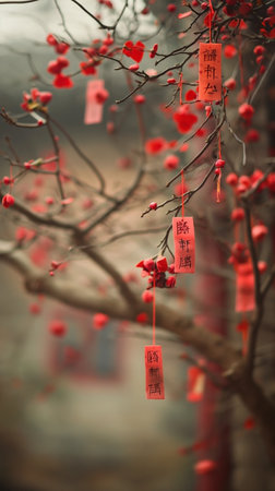 Chinese zodiac signs hang on the branches of a tree in winterの素材