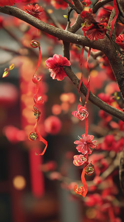 Chinese lanterns on a tree in a Chinese temple, closeup of photoの素材