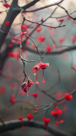 Red heart-shaped candlesticks on a branch of a treeの素材