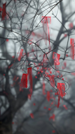Red paper lanterns hanging on a tree branch in a foggy forestの素材