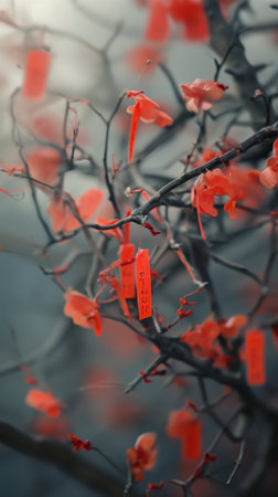 Red Chinese lanterns hang on the branches of a tree in winterの素材