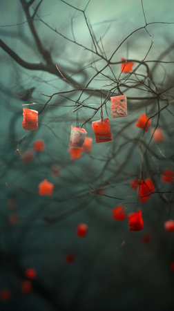 Red paper lanterns hanging on the branches of a tree in winterの素材