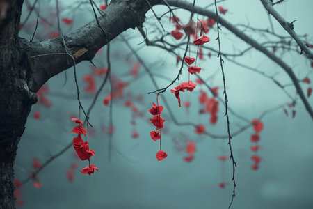 Branch of a tree with red flowers in a foggy dayの素材