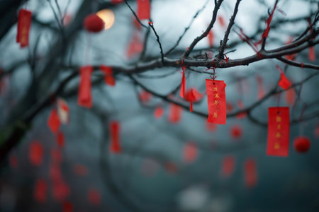 Chinese New Year decorations on a tree in a foggy forest.の素材