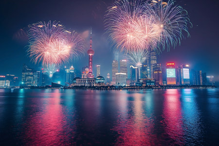 Shanghai Pudong skyline with fireworks at night,China.の素材