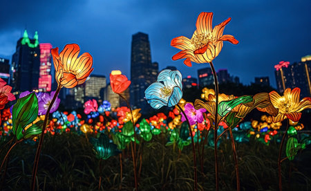 Poppies and lanterns at night in Shenzhen, Chinaの素材