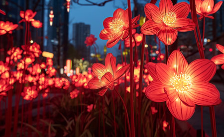 Red flowers in the city at night, Chengdu, China.の素材