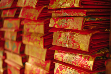 Chinese New Year red envelopes, closeup of photo with selective focusの素材