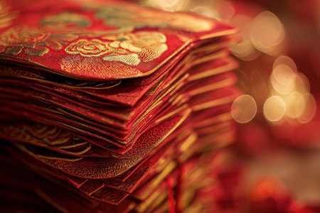 Close-up of a pile of chinese red envelopes.の素材