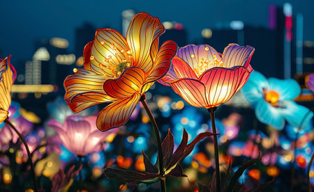 Colorful flowers in the garden at night with cityscape background.の素材