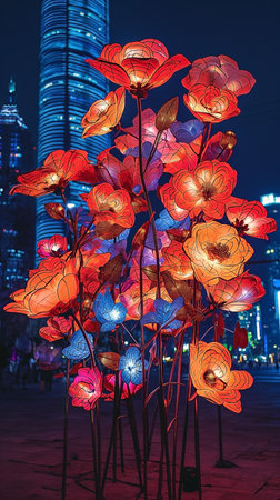 Paper lanterns at night in Shanghai, China. Paper lanterns are the symbol of Shanghai.の素材