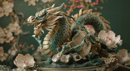 Chinese dragon statue on the table, close-up, vintage styleの素材