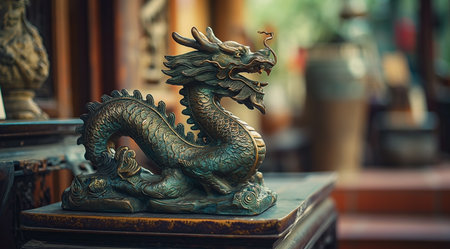 Bronze dragon statue in Chinese temple, closeup of photo.の素材