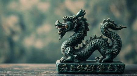Bronze Chinese dragon statue on wooden table with bokeh backgroundの素材