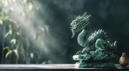 Green chinese dragon statue on wood table with bokeh backgroundの素材