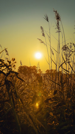Beautiful sunset over a field with tall grass. Toned.の素材