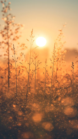 Silhouette of sun rising over tall grass in field of meadow with orange sun. Sunrise at the pastureの素材