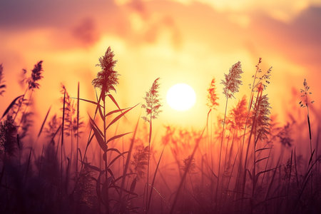 Sunset over a meadow with reeds. Nature background.の素材