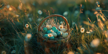 Easter basket with painted eggs on a green meadow at sunset.の素材