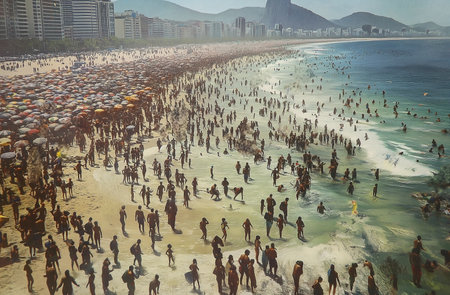 Crowd of people on the beach in Rio de Janeiro, Brazilの素材
