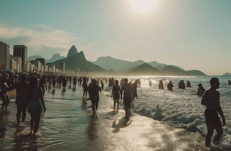 Surfers at the beach in Rio de Janeiro, Brazil.の素材