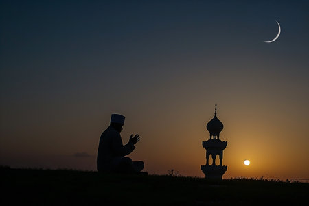 Silhouette of muslim man praying in front of mosque at sunsetの素材
