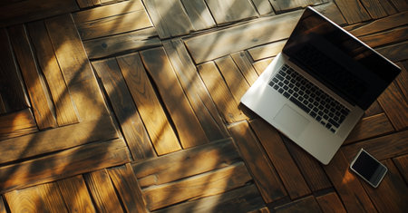 Laptop computer on wooden floor with shadow of palm tree and smartphoneの素材